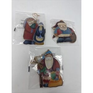 3 Vintage Crazy Mountain Santa Christmas Ornaments Flat Painted